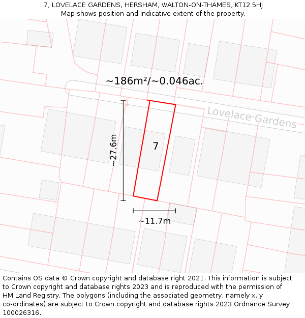 7, LOVELACE GARDENS, HERSHAM, WALTON-ON-THAMES, KT12 5HJ: Plot and title map