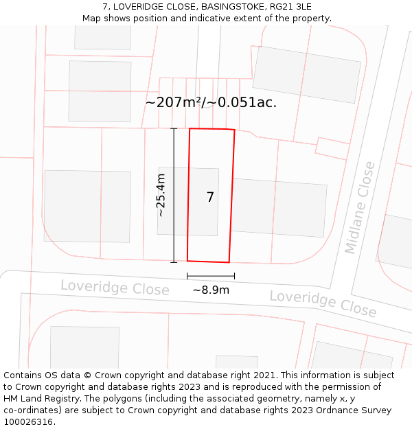 7, LOVERIDGE CLOSE, BASINGSTOKE, RG21 3LE: Plot and title map