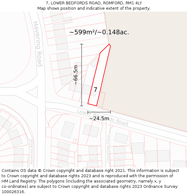 7, LOWER BEDFORDS ROAD, ROMFORD, RM1 4LY: Plot and title map