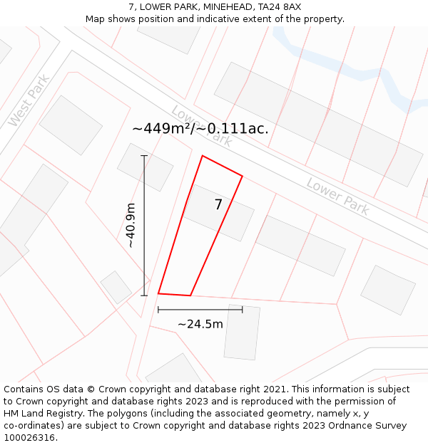 7, LOWER PARK, MINEHEAD, TA24 8AX: Plot and title map