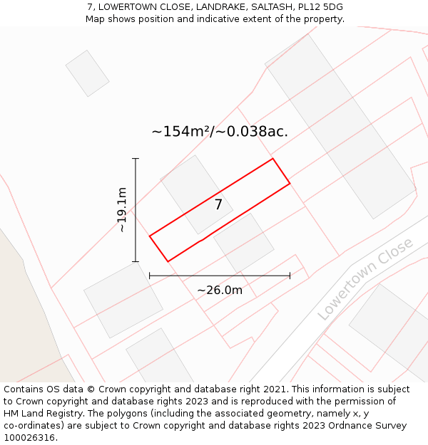 7, LOWERTOWN CLOSE, LANDRAKE, SALTASH, PL12 5DG: Plot and title map
