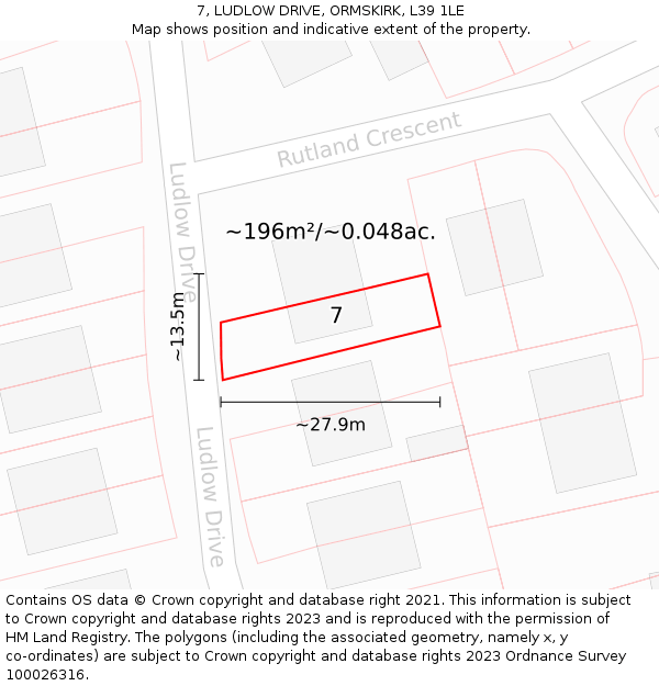 7, LUDLOW DRIVE, ORMSKIRK, L39 1LE: Plot and title map