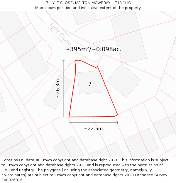 7, LYLE CLOSE, MELTON MOWBRAY, LE13 1HS: Plot and title map