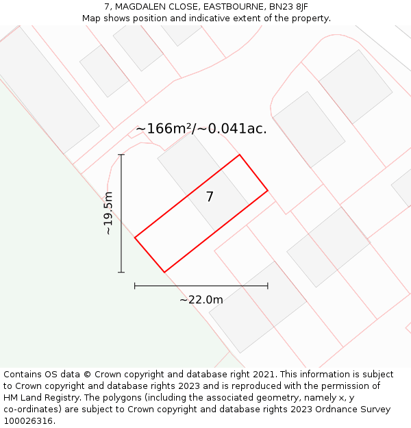 7, MAGDALEN CLOSE, EASTBOURNE, BN23 8JF: Plot and title map