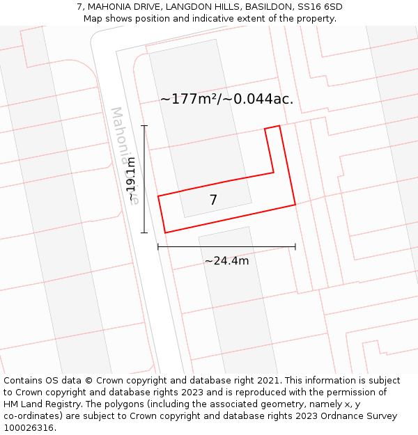 7, MAHONIA DRIVE, LANGDON HILLS, BASILDON, SS16 6SD: Plot and title map