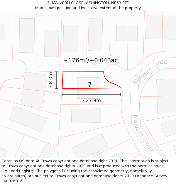 7, MALVERN CLOSE, ASHINGTON, NE63 0TD: Plot and title map