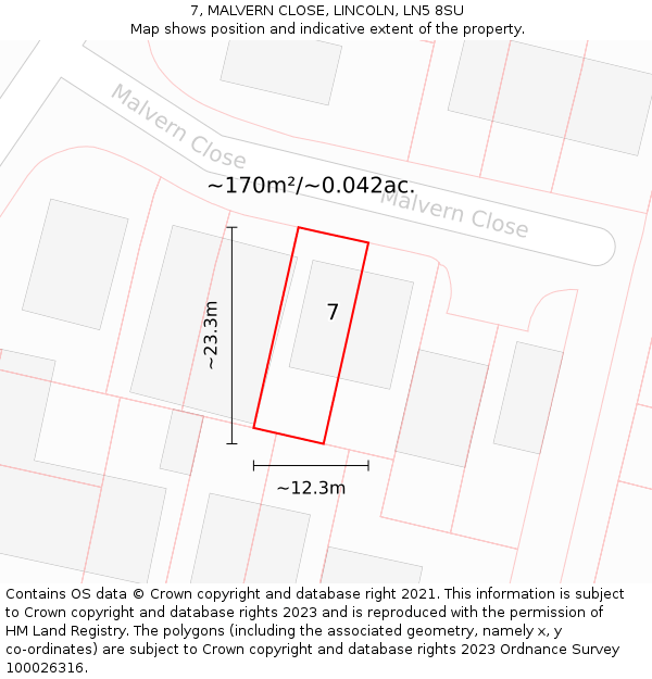 7, MALVERN CLOSE, LINCOLN, LN5 8SU: Plot and title map