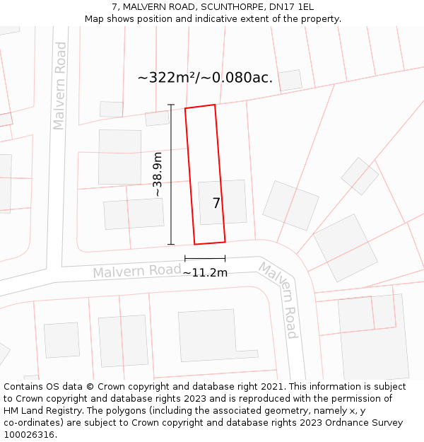 7, MALVERN ROAD, SCUNTHORPE, DN17 1EL: Plot and title map