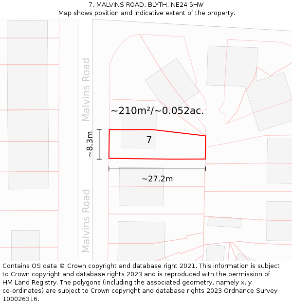7, MALVINS ROAD, BLYTH, NE24 5HW: Plot and title map