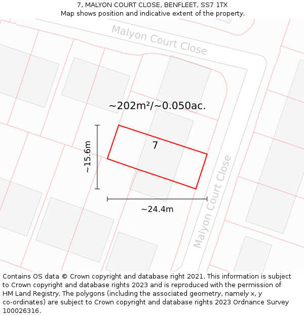 7, MALYON COURT CLOSE, BENFLEET, SS7 1TX: Plot and title map