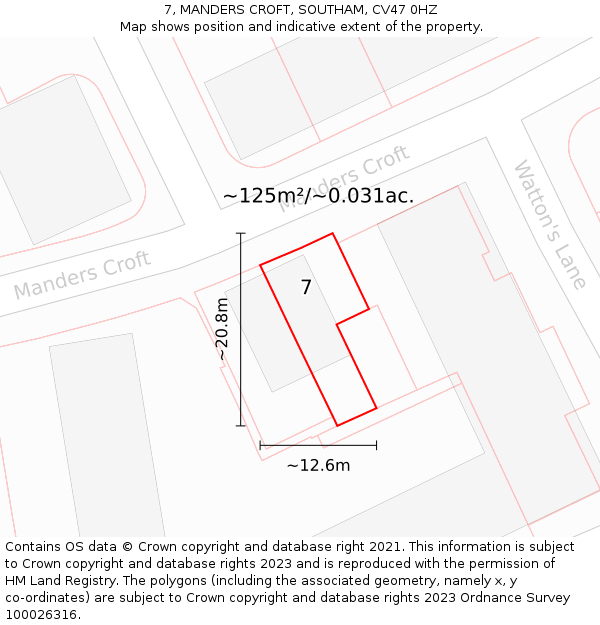 7, MANDERS CROFT, SOUTHAM, CV47 0HZ: Plot and title map