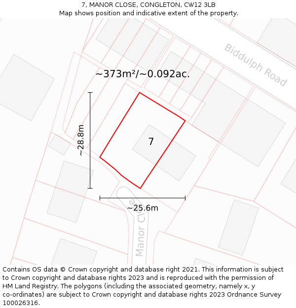 7, MANOR CLOSE, CONGLETON, CW12 3LB: Plot and title map
