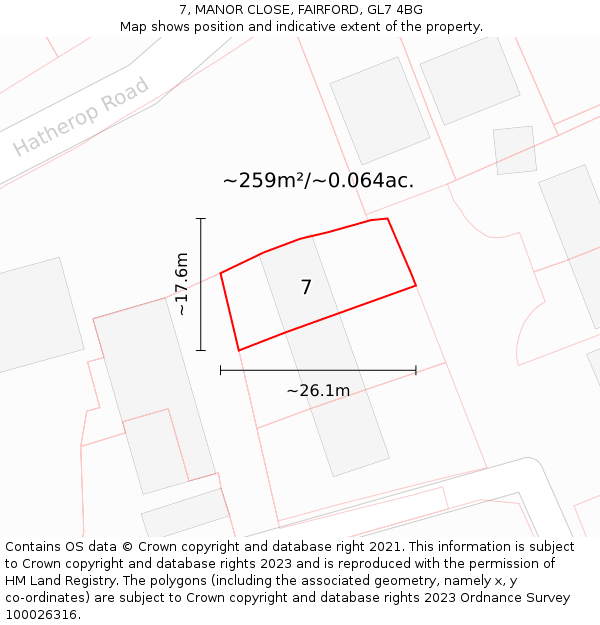7, MANOR CLOSE, FAIRFORD, GL7 4BG: Plot and title map