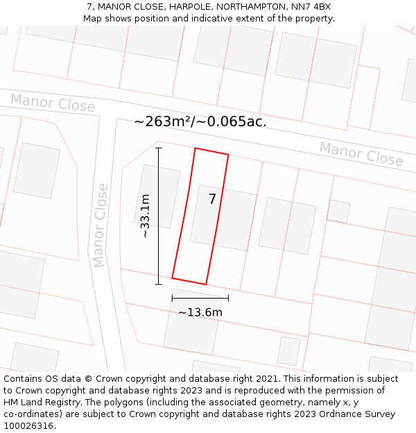 7, MANOR CLOSE, HARPOLE, NORTHAMPTON, NN7 4BX: Plot and title map