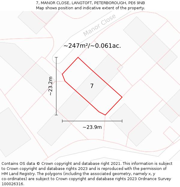 7, MANOR CLOSE, LANGTOFT, PETERBOROUGH, PE6 9NB: Plot and title map