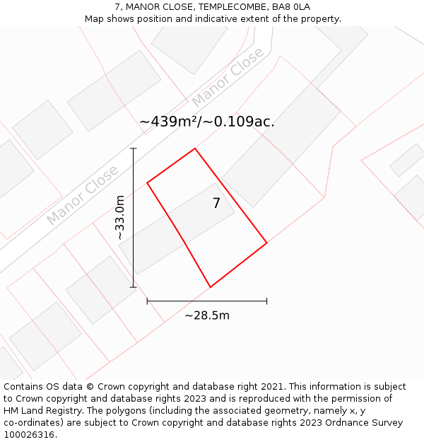 7, MANOR CLOSE, TEMPLECOMBE, BA8 0LA: Plot and title map