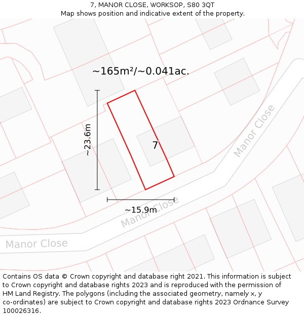 7, MANOR CLOSE, WORKSOP, S80 3QT: Plot and title map