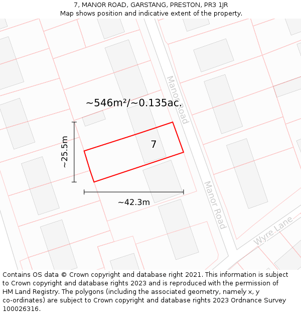 7, MANOR ROAD, GARSTANG, PRESTON, PR3 1JR: Plot and title map