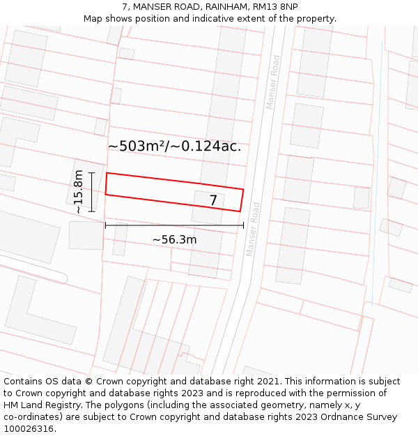 7, MANSER ROAD, RAINHAM, RM13 8NP: Plot and title map