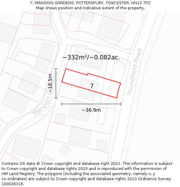 7, MANSION GARDENS, POTTERSPURY, TOWCESTER, NN12 7FD: Plot and title map