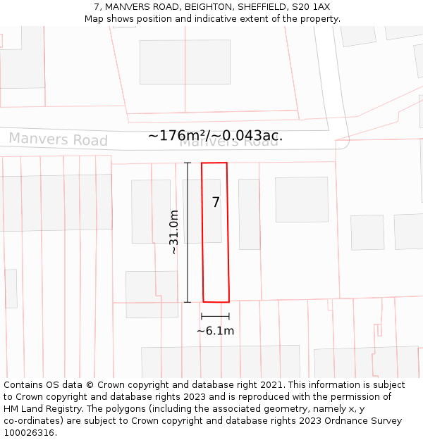 7, MANVERS ROAD, BEIGHTON, SHEFFIELD, S20 1AX: Plot and title map
