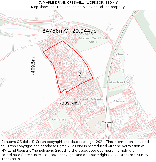 7, MAPLE DRIVE, CRESWELL, WORKSOP, S80 4JY: Plot and title map