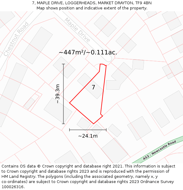 7, MAPLE DRIVE, LOGGERHEADS, MARKET DRAYTON, TF9 4BN: Plot and title map