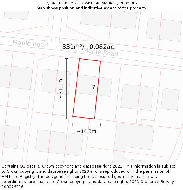 7, MAPLE ROAD, DOWNHAM MARKET, PE38 9PY: Plot and title map