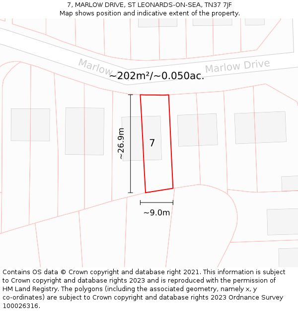 7, MARLOW DRIVE, ST LEONARDS-ON-SEA, TN37 7JF: Plot and title map