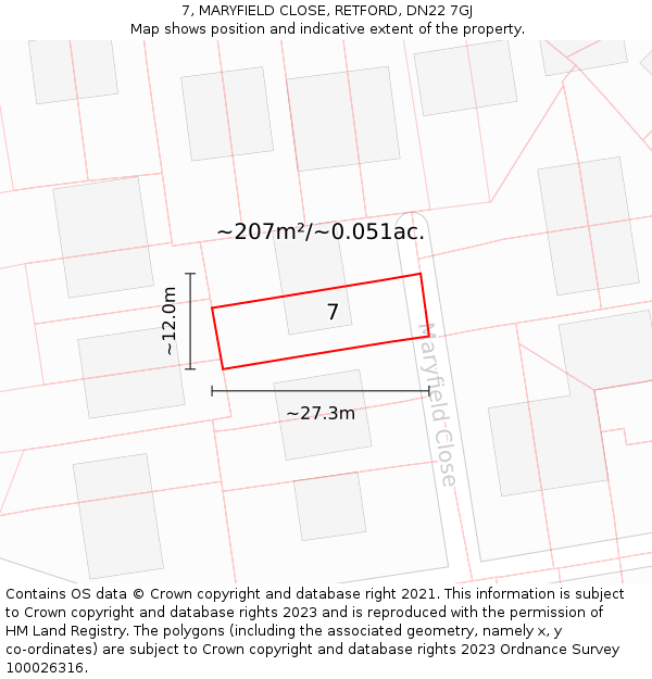 7, MARYFIELD CLOSE, RETFORD, DN22 7GJ: Plot and title map
