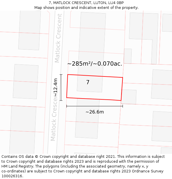 7, MATLOCK CRESCENT, LUTON, LU4 0BP: Plot and title map