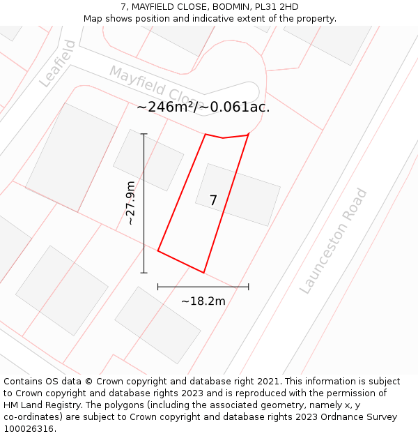 7, MAYFIELD CLOSE, BODMIN, PL31 2HD: Plot and title map