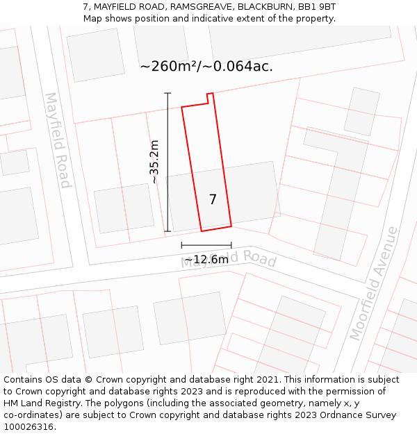 7, MAYFIELD ROAD, RAMSGREAVE, BLACKBURN, BB1 9BT: Plot and title map