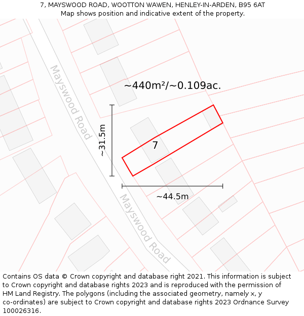 7, MAYSWOOD ROAD, WOOTTON WAWEN, HENLEY-IN-ARDEN, B95 6AT: Plot and title map