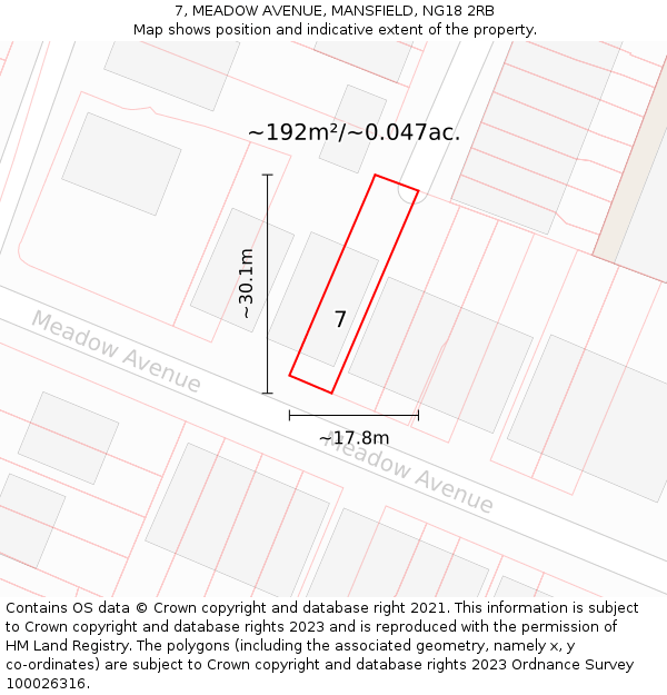7, MEADOW AVENUE, MANSFIELD, NG18 2RB: Plot and title map