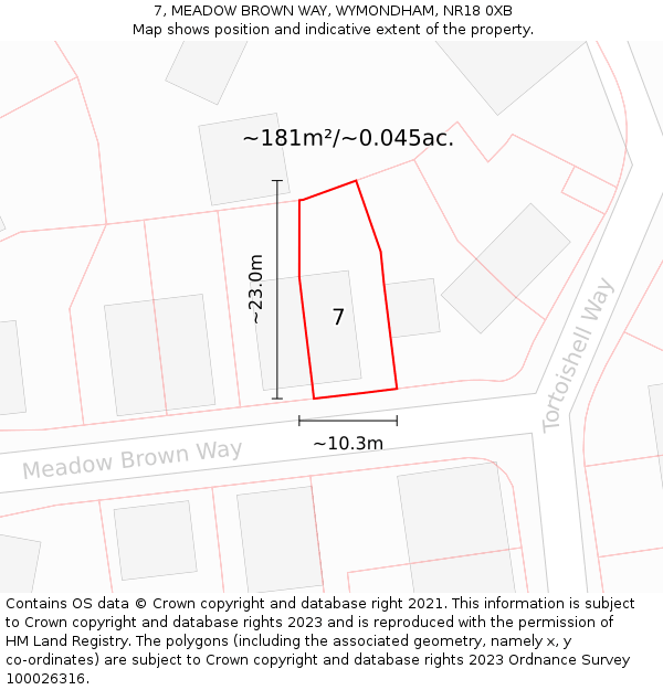 7, MEADOW BROWN WAY, WYMONDHAM, NR18 0XB: Plot and title map