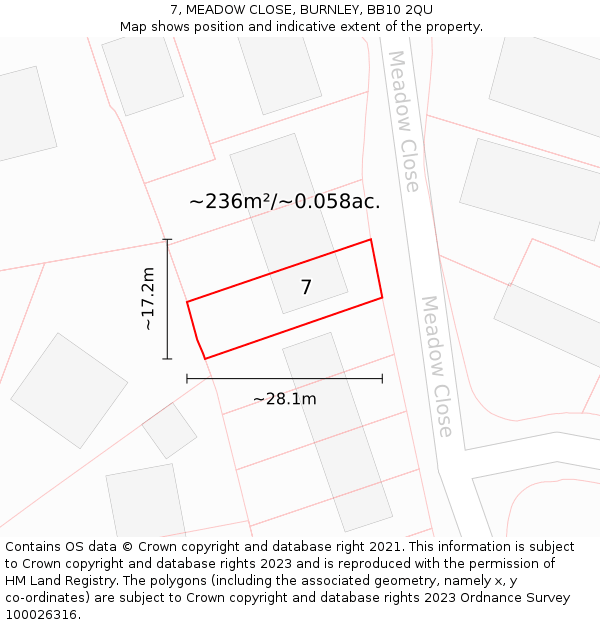 7, MEADOW CLOSE, BURNLEY, BB10 2QU: Plot and title map