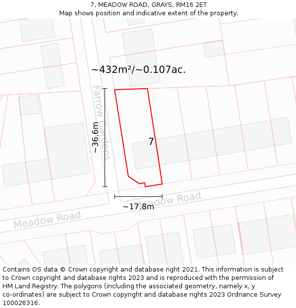 7, MEADOW ROAD, GRAYS, RM16 2ET: Plot and title map