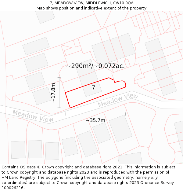7, MEADOW VIEW, MIDDLEWICH, CW10 9QA: Plot and title map
