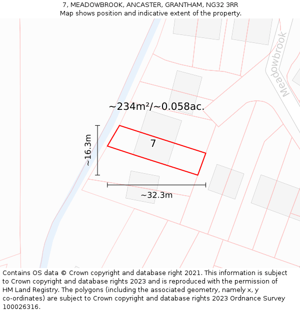 7, MEADOWBROOK, ANCASTER, GRANTHAM, NG32 3RR: Plot and title map