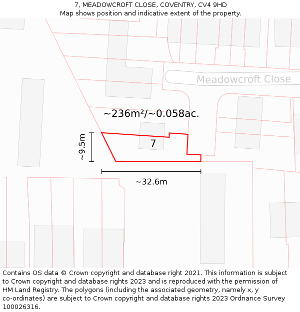 7, MEADOWCROFT CLOSE, COVENTRY, CV4 9HD: Plot and title map