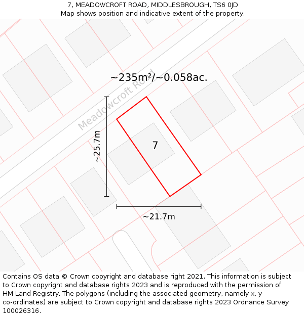 7, MEADOWCROFT ROAD, MIDDLESBROUGH, TS6 0JD: Plot and title map