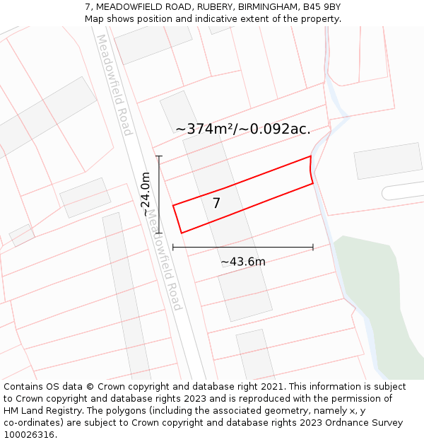 7, MEADOWFIELD ROAD, RUBERY, BIRMINGHAM, B45 9BY: Plot and title map