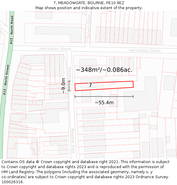 7, MEADOWGATE, BOURNE, PE10 9EZ: Plot and title map