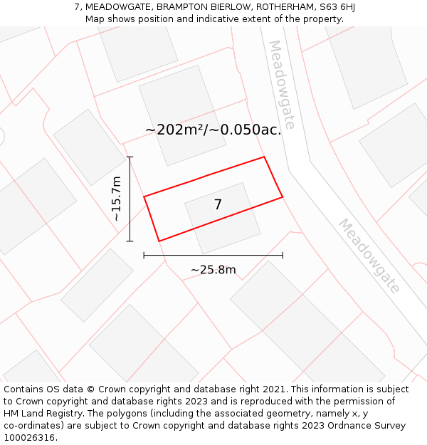 7, MEADOWGATE, BRAMPTON BIERLOW, ROTHERHAM, S63 6HJ: Plot and title map