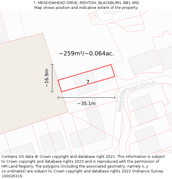 7, MEADOWHEAD DRIVE, RISHTON, BLACKBURN, BB1 4RD: Plot and title map