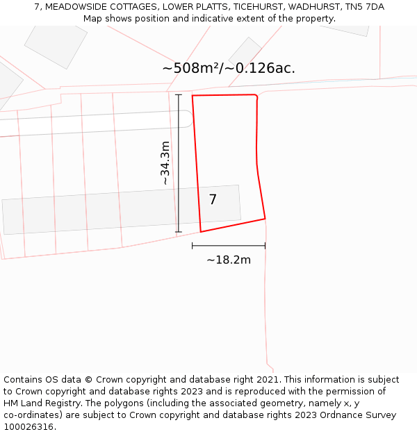 7, MEADOWSIDE COTTAGES, LOWER PLATTS, TICEHURST, WADHURST, TN5 7DA: Plot and title map