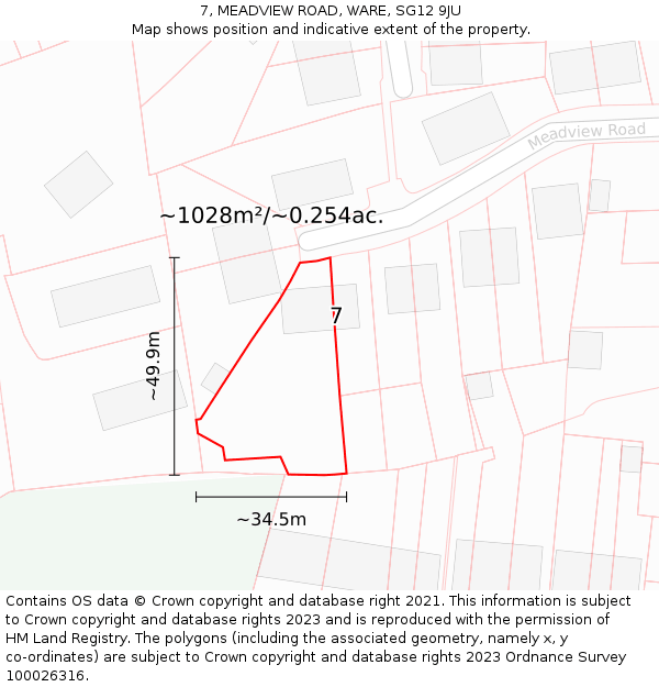 7, MEADVIEW ROAD, WARE, SG12 9JU: Plot and title map