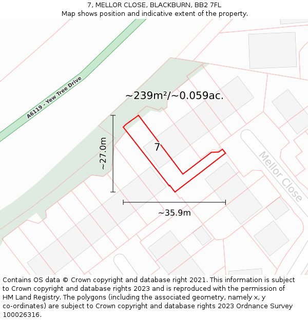 7, MELLOR CLOSE, BLACKBURN, BB2 7FL: Plot and title map