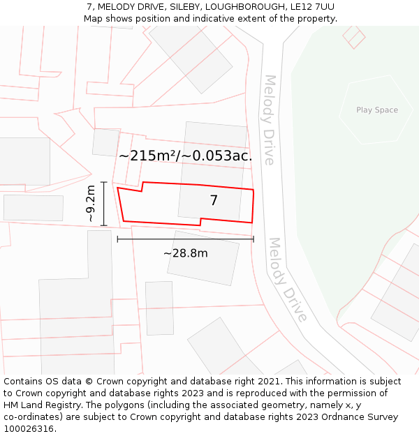 7, MELODY DRIVE, SILEBY, LOUGHBOROUGH, LE12 7UU: Plot and title map